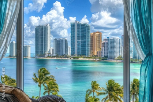 Iconic skyline of Miami against the beach.