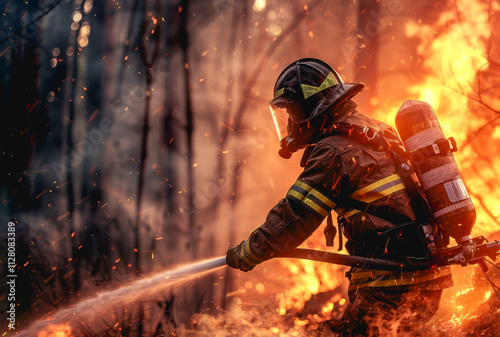 Forest fire. Fire fighters at work, Firefighters in action to extinguish wildfire.