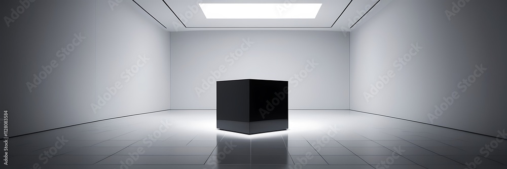 Fototapeta premium Minimalist Futuristic Interior with Glossy Black Cube and Diffused Ceiling Light in Geometric Space