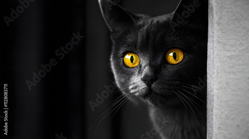 black cat yellow eyes peering from the darkness