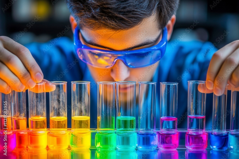 Colorful Chemistry Experiment with Test Tubes and Glasses