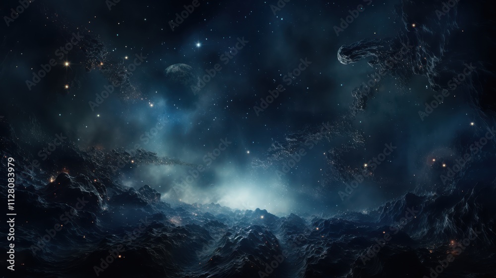 Fototapeta premium Dark Cosmic Landscape With Distant Planet And Stars