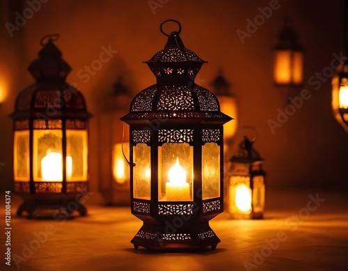 Eid Mubarak Ramadan Arabic Islamic pattern old lantern hanging in the night with burning candle
