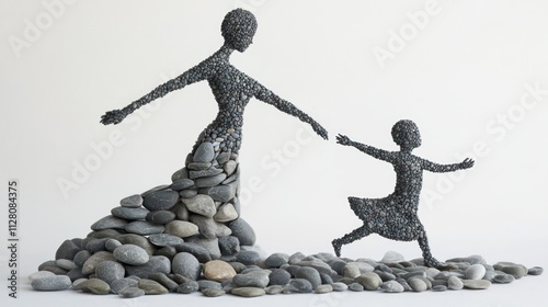 Stone sculpture of mother and child.