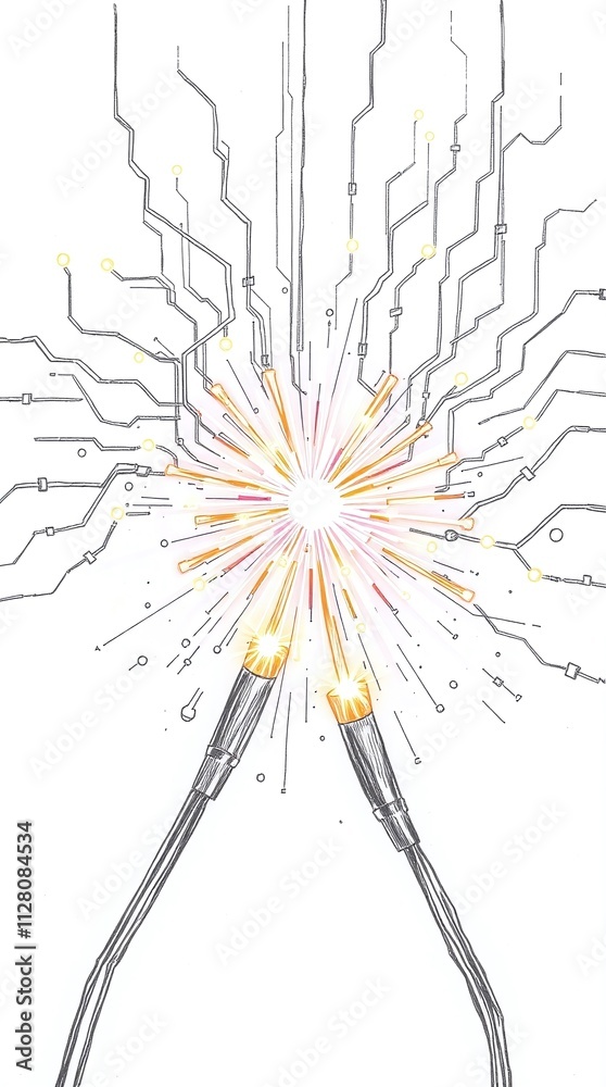 Obraz premium A dynamic illustration of fiber optic cables with illuminated ends spreading light rays rich deep teal luxurious and vibrant light streaks vibrant colors surrounded by digital circuitry and connection