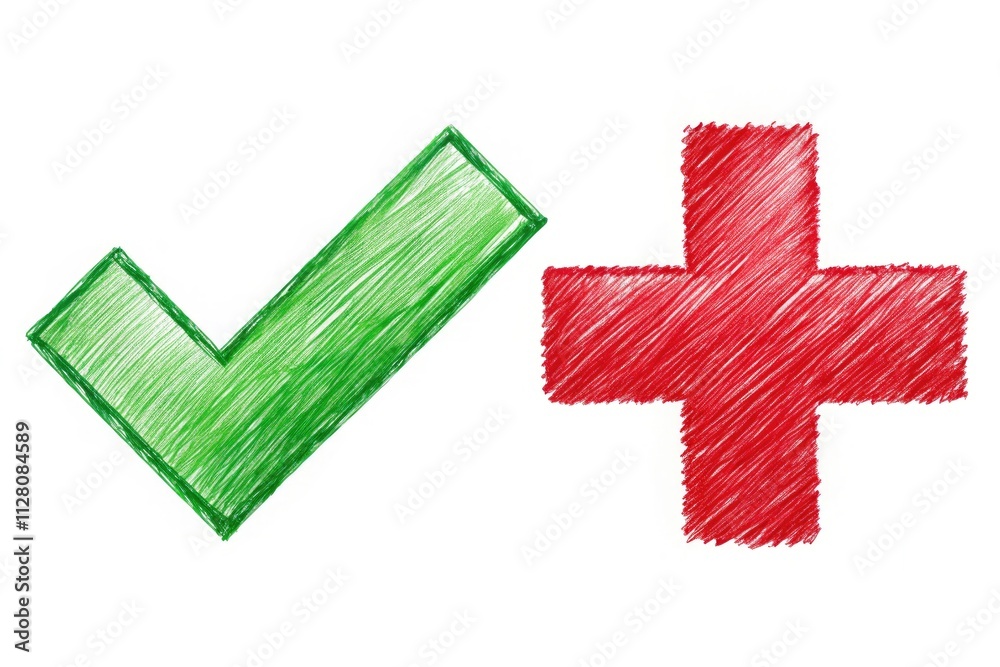 Obraz premium Panoramic Green Checkmark & Red Cross: Right vs Wrong Symbols, Hand-Drawn Illustration, Success Failure Graphic