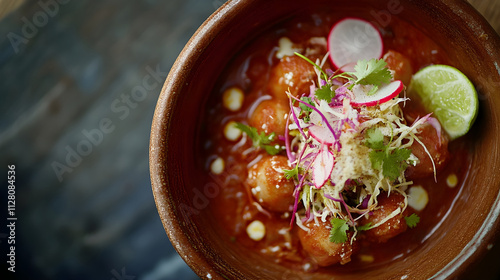Mexican pozole rojo in a clay bowl garnished with radishes shredded cabbage and lime a festive dish enjoyed during celebrations