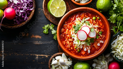 Mexican pozole rojo in a clay bowl garnished with radishes shredded cabbage and lime a festive dish enjoyed during celebrations