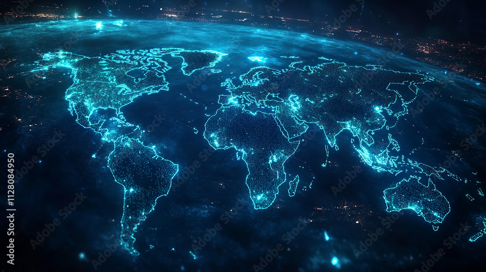 modern business and communication technology concept world map, lights illuminates a detailed map of the world with technology concept, map world animated connections and data streams global business. modern business and communication technology concept world map, lights illuminates a detailed map of the world with technology concept, map world animated connections and data streams global business.