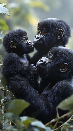 Gorillas family, baby gorilla, kissing, affection, jungle. photo