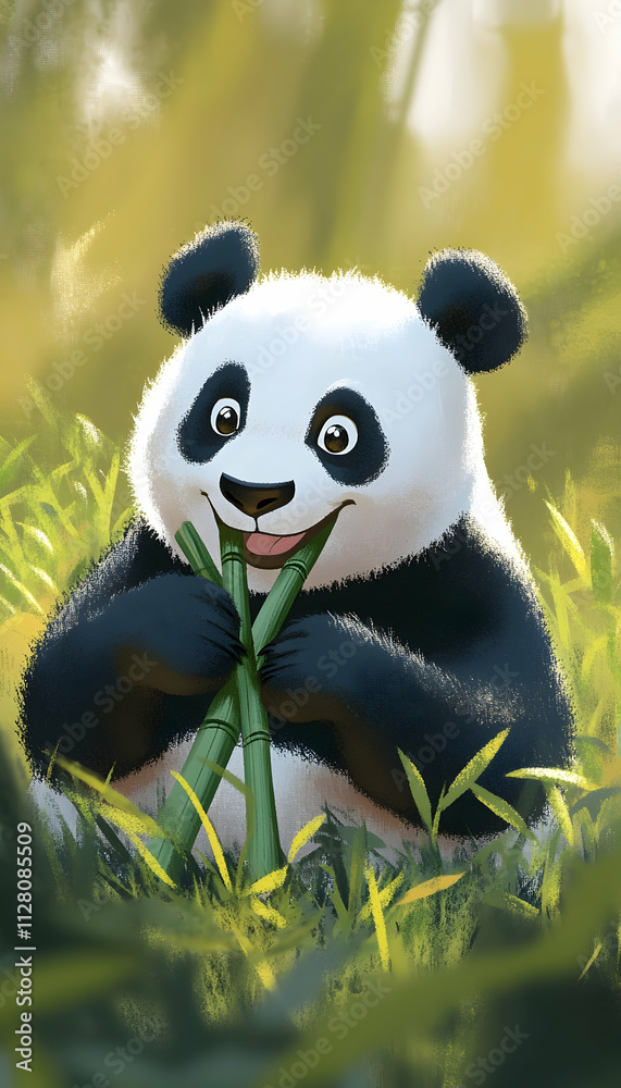 Happy panda eating bamboo in lush green grass. Happy panda eating bamboo in lush green grass.