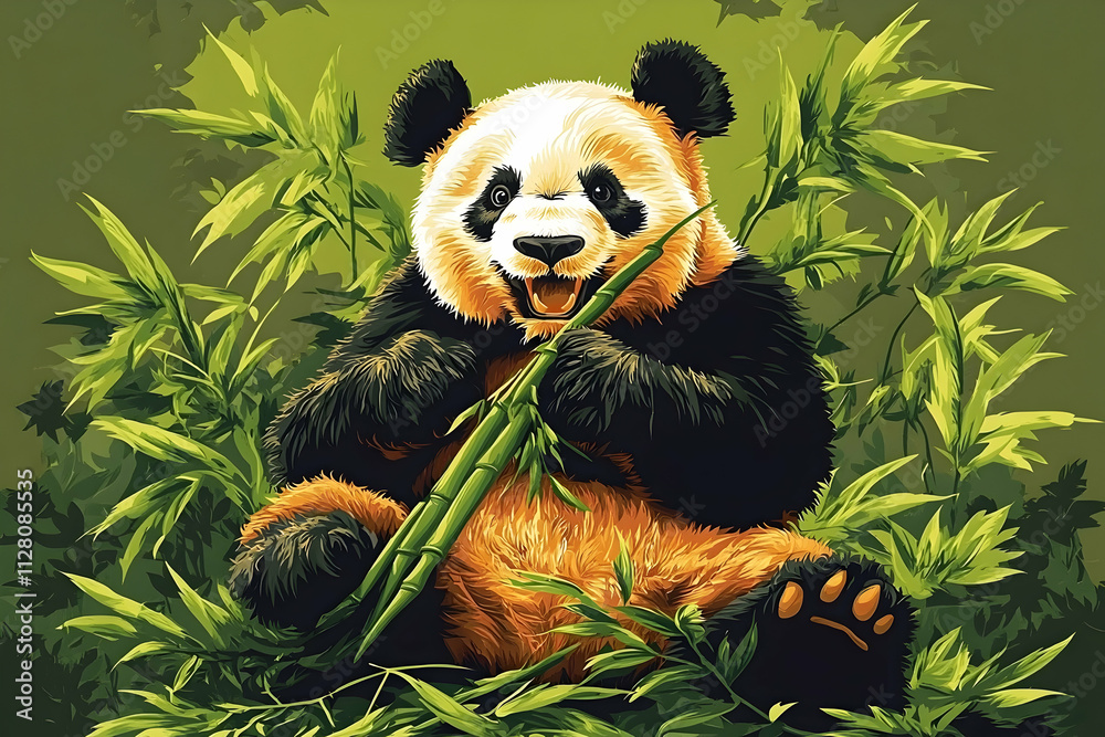 Obraz premium Happy panda sitting amidst bamboo, eating.