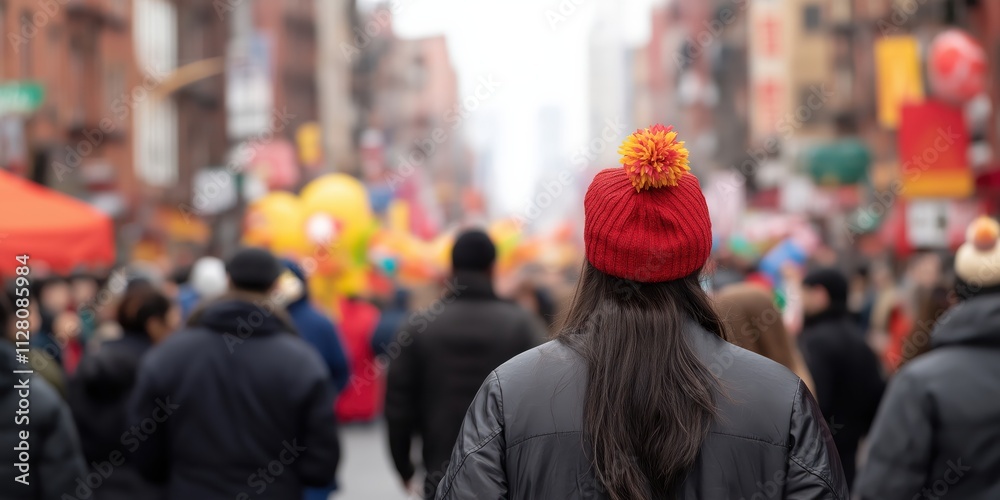 A person wearing a vibrant red hat stands facing away in a bustling street scene, illustrating anonymity amidst a lively crowd during a festive event.