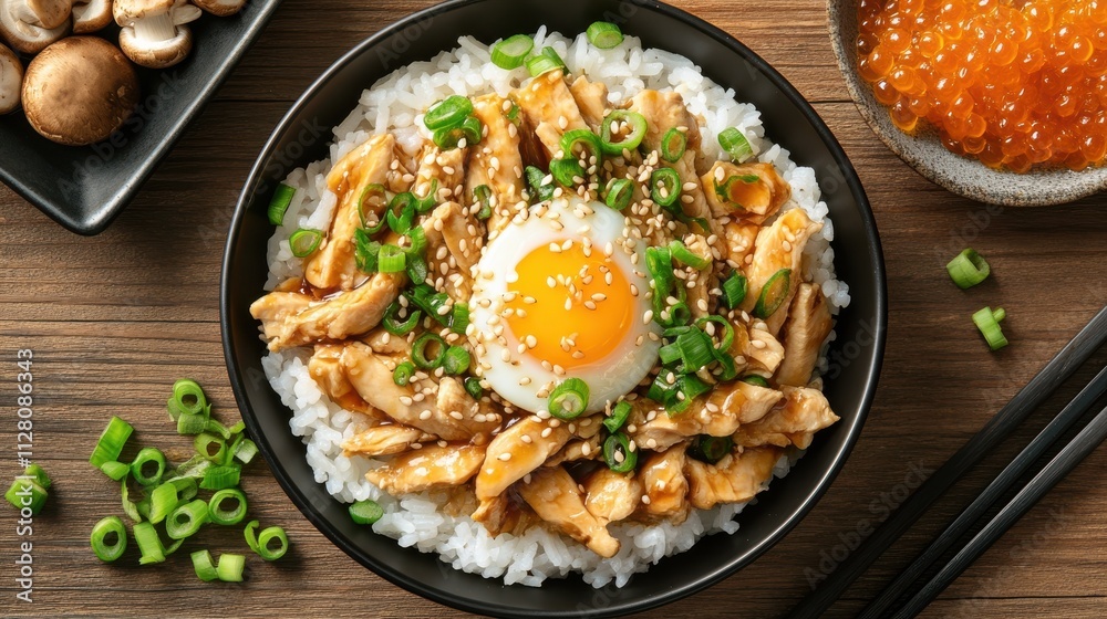 A top-down shot of a freshly prepared donburi bowl, showcasing perfectly cooked rice, flavorful chicken slices A top-down shot of a freshly prepared donburi bowl, showcasing perfectly cooked rice, flavorful chicken slices