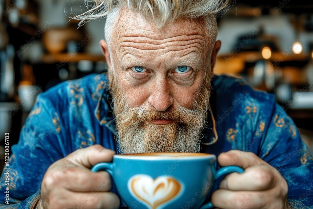 Man Enjoying Coffee with Heart Decoration in Cup Man Enjoying Coffee with Heart Decoration in Cup