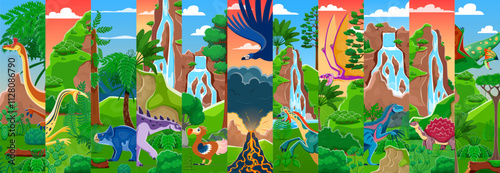 Cartoon prehistoric dinosaurs collage of vector jurassic reptiles and birds. Prehistoric dino animal characters at jungle forest. Funny dinosaurs, volcano and mountain waterfall landscape background photo