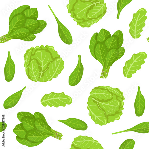 Iceberg lettuce and spinach vector seamless pattern. Fresh greenery image from the garden. Vegetarian food. Botanical illustration.