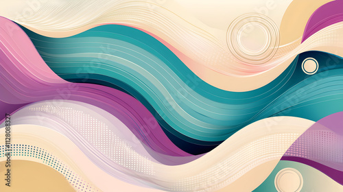 Flowing abstract waves with circular accents in teal, pink, purple, and beige tones, creating a dynamic and stylish design.  photo