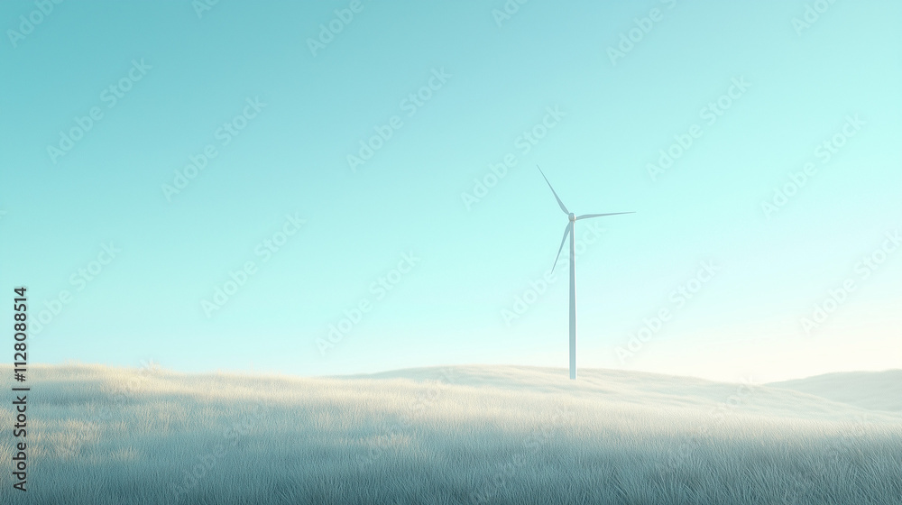 custom made wallpaper toronto digitalA single wind turbine standing tall in an open, grassy field under a clear blue sky, symbolizing clean energy.
