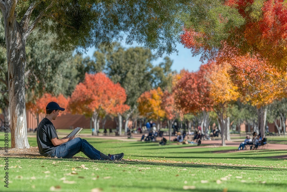 Fototapeta premium Person Reading in Autumn Park Setting