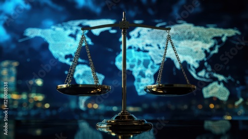 Symbolic scales of justice and global map.