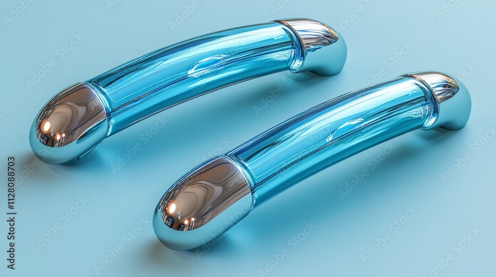 Two light blue glass handles with chrome ends on a light blue background. Two light blue glass handles with chrome ends on a light blue background.