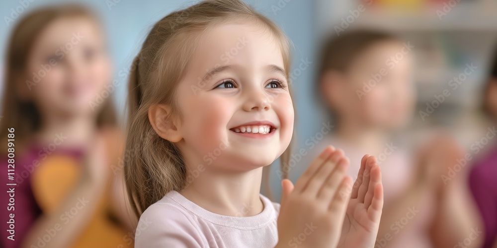 A young girl with a beaming smile joyfully claps her hands, capturing the innocence and excitement of childhood during a cheerful celebration or event. A young girl with a beaming smile joyfully claps her hands, capturing the innocence and excitement of childhood during a cheerful celebration or event.