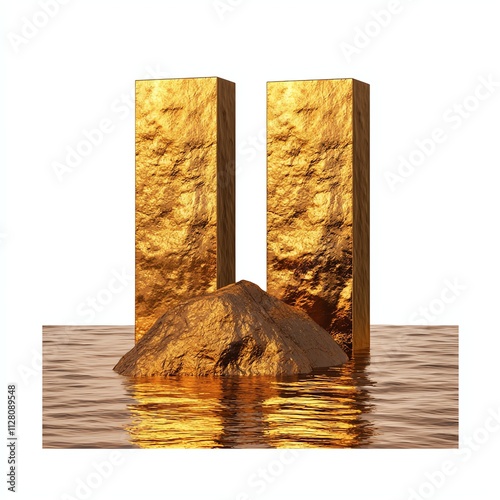 Two golden pillars rise from a rocky base, surrounded by shimmering water, creating a striking visual contrast.