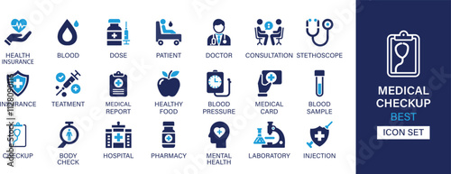 Medical checkup best solid icon set collection. Health insurance, dose, patient, doctor, consultation, stethoscope, treatment, medical report and solid icon set collection.