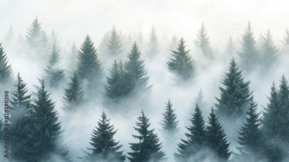 A beautifully designed seamless pattern featuring a foggy spruce forest, with fir trees scattered throughout the image A beautifully designed seamless pattern featuring a foggy spruce forest, with fir trees scattered throughout the image