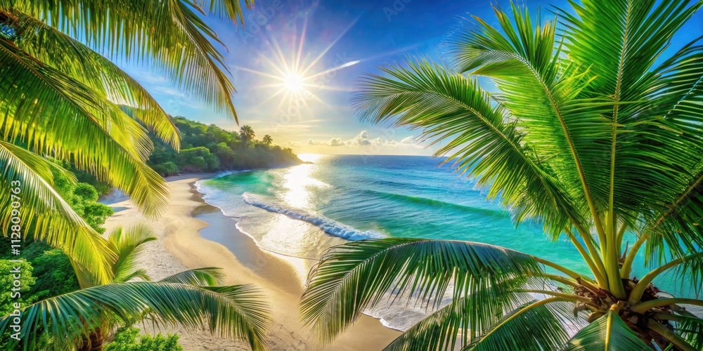 Fototapeta premium Summer Beach Paradise: Shimmering Palm Leaves & Azure Sea - Aerial View