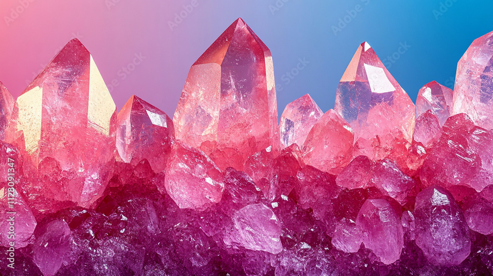 Fototapeta premium Closeup of numerous pink rose quartz stones in various sizes creating a soft and calming texture symbolizing love healing emotional balance and spiritual connection in a harmonious display