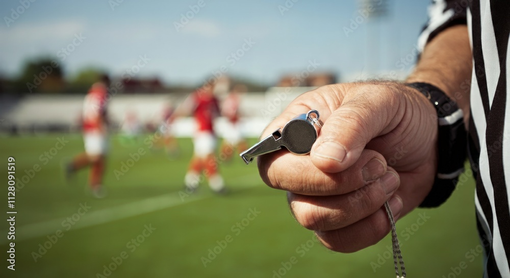 A Referee's Hand Holding a Whistle, with a Blurred Field and Players in the Background During a Football Game