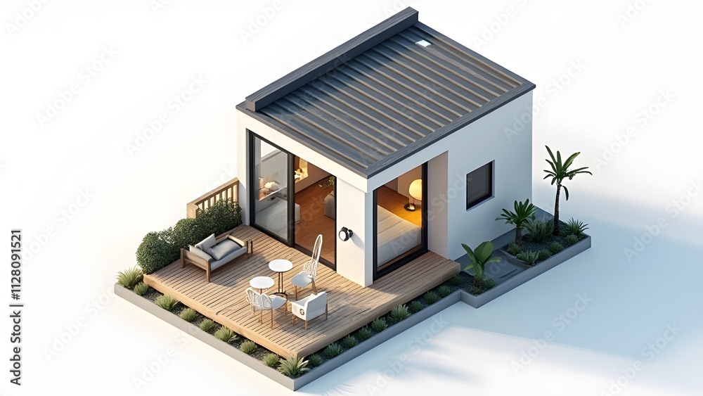 Isometric 3D render of a tiny loft-style house, white background, modern design elements, clean lines Isometric 3D render of a tiny loft-style house, white background, modern design elements, clean lines