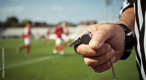 Obraz na płótnie A Referee's Hand Holding a Whistle, with a Blurred Field and Players in the Background During a Football Game w salonie