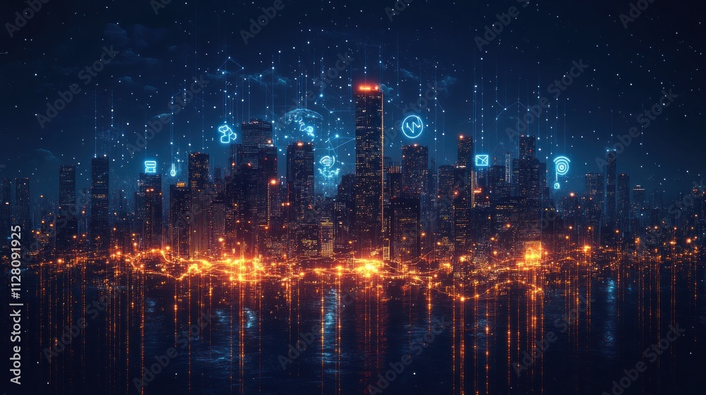 Fototapeta premium Futuristic cityscape at night with digital icons and connections.