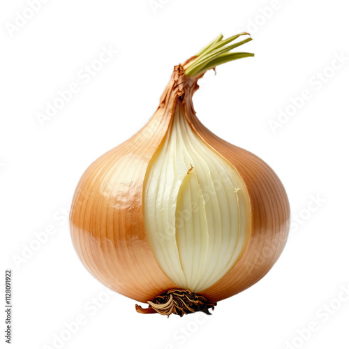 Whiteskinned onion with brown roots and stem photo