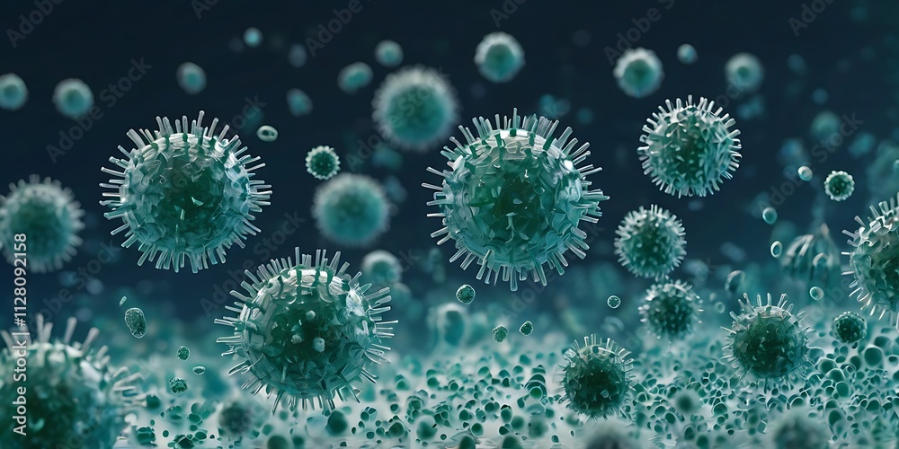 Highly Detailed Digital Illustration of Realistic Virus Particles with Spiked Structures in a Gradient Teal Background Highly Detailed Digital Illustration of Realistic Virus Particles with Spiked Structures in a Gradient Teal Background