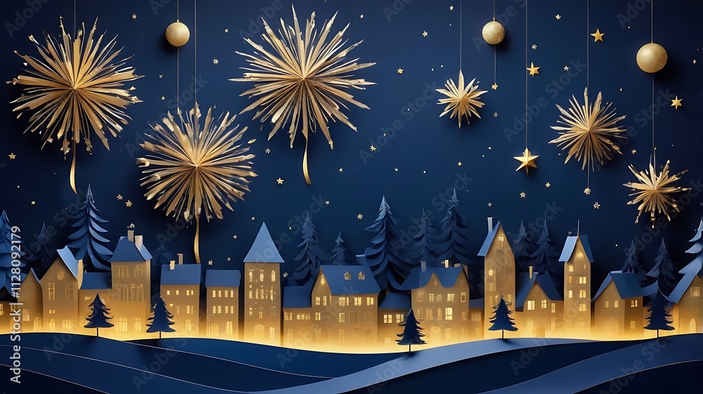 Obraz premium A modern paper cut style city night in winter with fire work, ai generative, postcard, christmas background