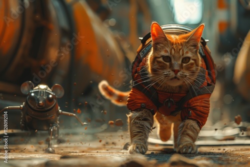 Futuristic Adventure Scene: Bold Tabby Cat in Protective Suit Accompanied by Mechanical Mouse in Industrial Urban Environmentfuturistic
