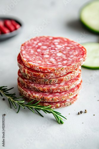 Stack of salami slices on white background photo