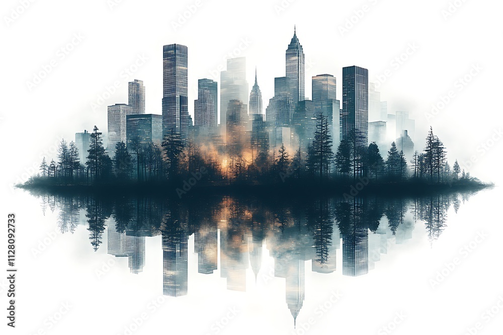 City skyline with reflection at dusk over water showcasing skyscrapers and towers in a vibrant urban setting