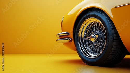 Close-up of a vibrant yellow classic car's wheel and fender.