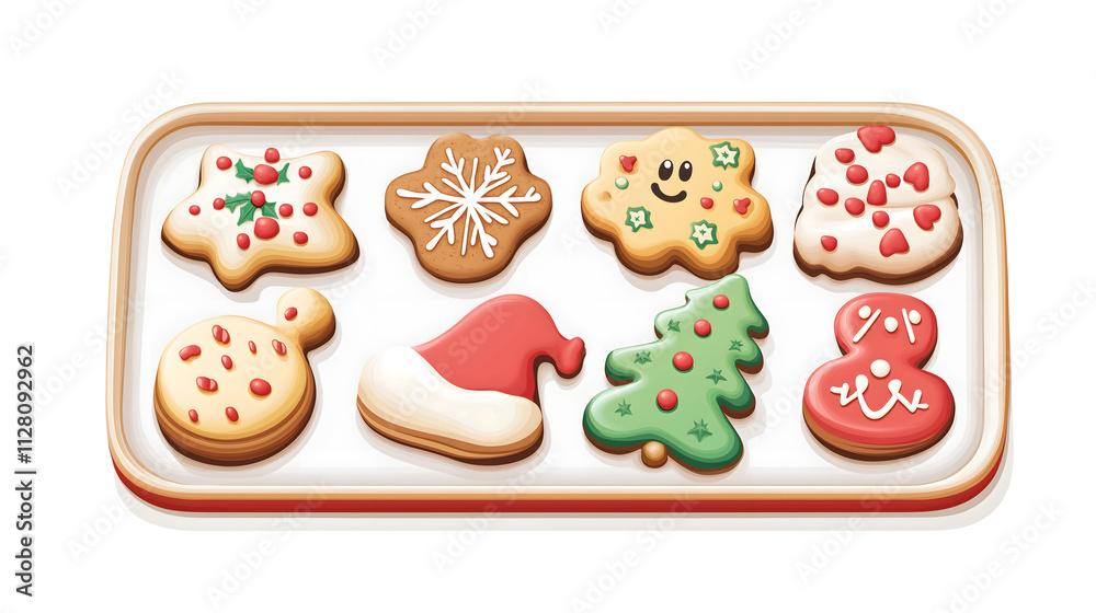 Naklejka premium Colorful Assortment of Festive Christmas Cookies on a White Background, Perfect for Holiday Celebrations and Seasonal Baking Inspiration
