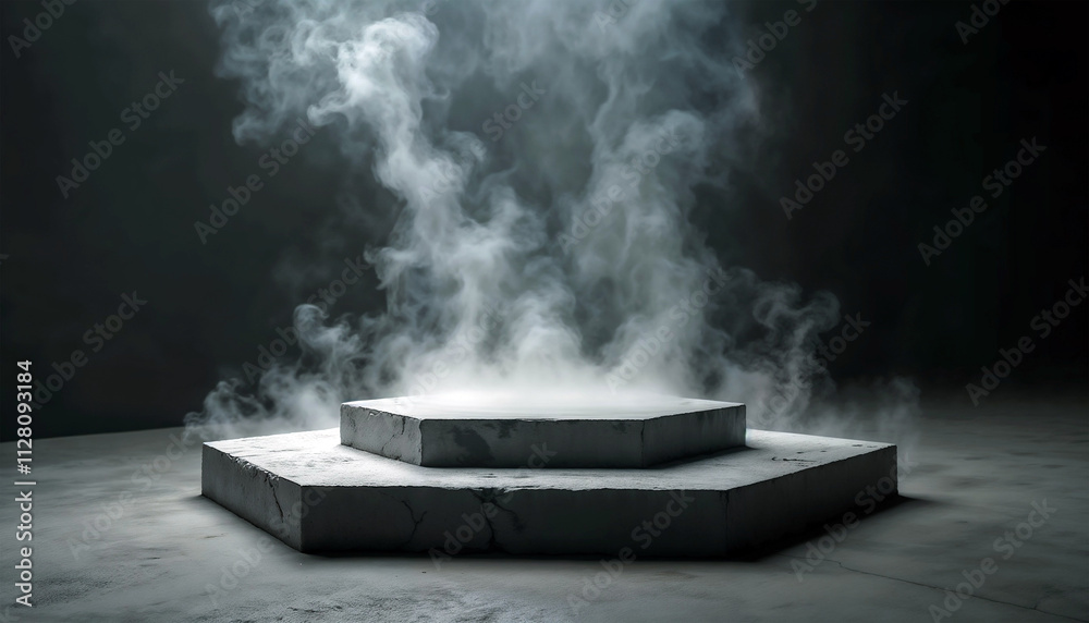 Misty Platform featuring Hexagonal Concrete Structure with Smoke or Mist Rising in a Dark and Mysterious Atmosphere Misty Platform featuring Hexagonal Concrete Structure with Smoke or Mist Rising in a Dark and Mysterious Atmosphere