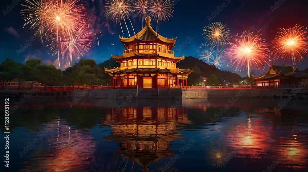 Fototapeta premium Beautiful fireworks show in city over traditional building to celebrate Chinese lunar new year. ai generative