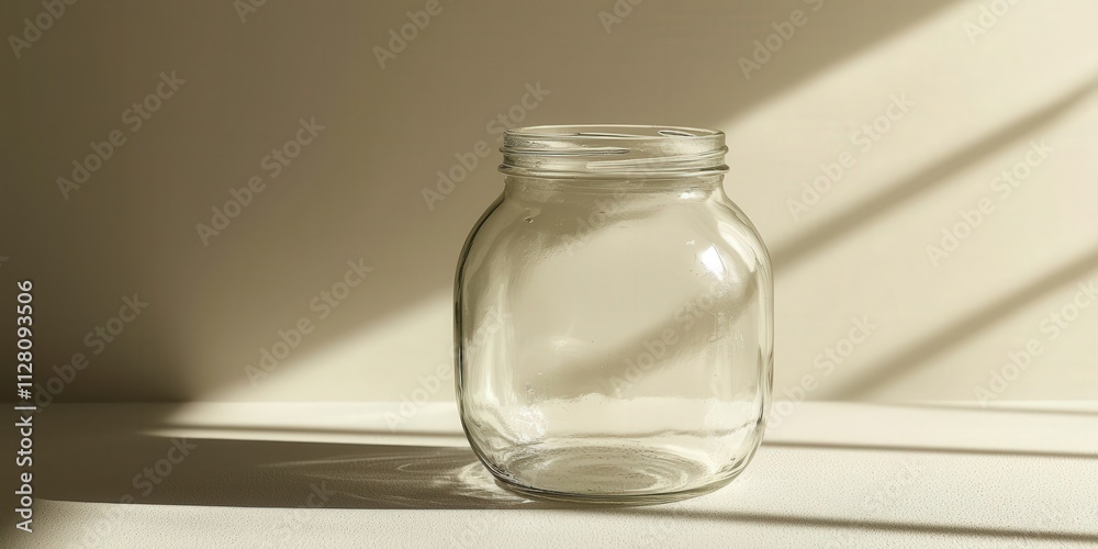 A clear glass jar sits on a surface, illuminated by soft sunlight casting shadows in the background. A clear glass jar sits on a surface, illuminated by soft sunlight casting shadows in the background.
