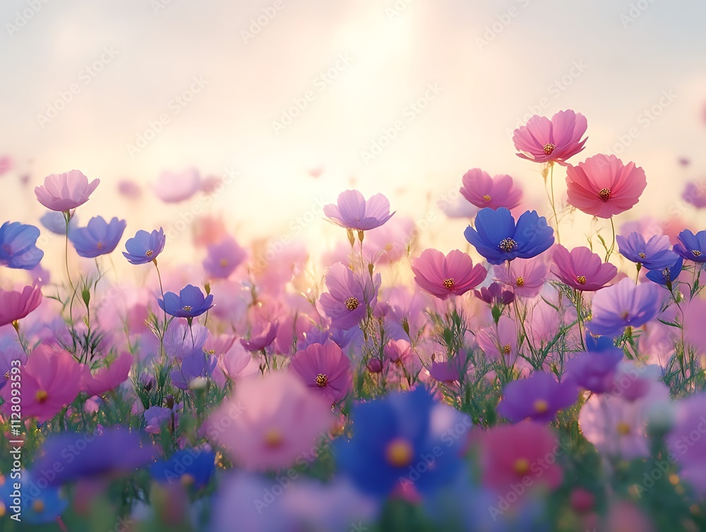Obraz premium Pastel Cosmos Flowers Bloom Sunset Field
