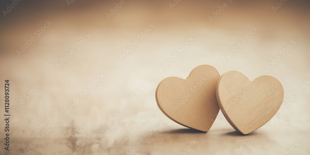 Fototapeta premium A heartfelt representation of love, featuring two wooden hearts placed side by side on a gentle background, symbolizing connection and togetherness.