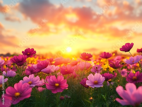 Vibrant Cosmos Flowers at Sunset Golden Hour